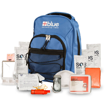 Blue 72-hour emergency survival kit by Blue Coolers with crank flashlight and essential disaster preparedness supplies